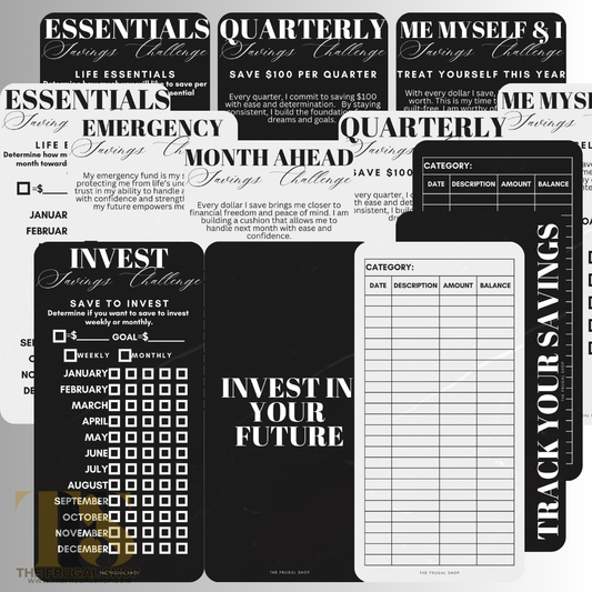 Invest In Your Future Minimalist Printable Savings Challenge Bundle | Marble Black & Off-White Design | Personal Size Cash Envelope Trackers