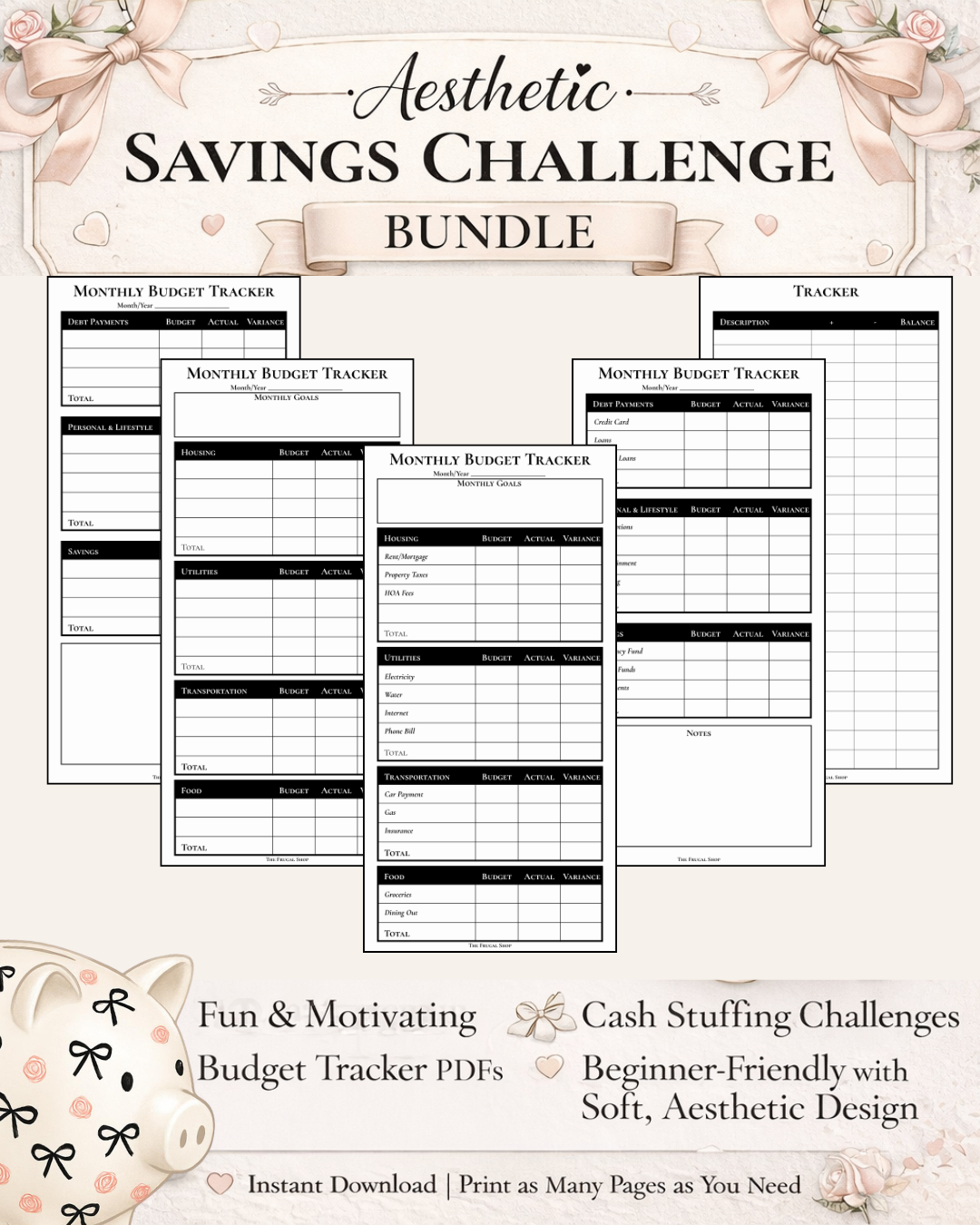 Aesthetic Savings Challenge Bundle Printable | Cash Stuffing Trackers, Budget Planner PDFs, 52 Week Savings, No-Spend & Money Saving Challenges