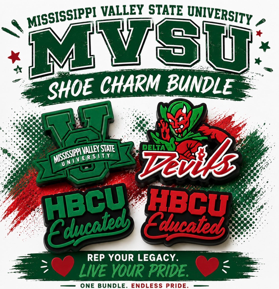 Mississippi Valley State University shoe charm bundle with logos and text on a colorful background