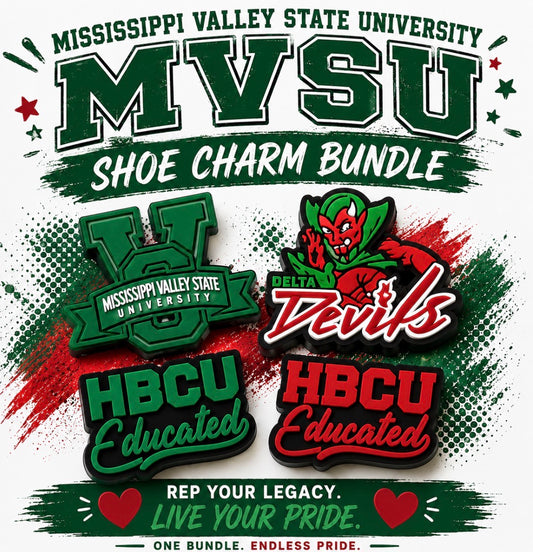 Mississippi Valley State University shoe charm bundle with logos and text on a colorful background