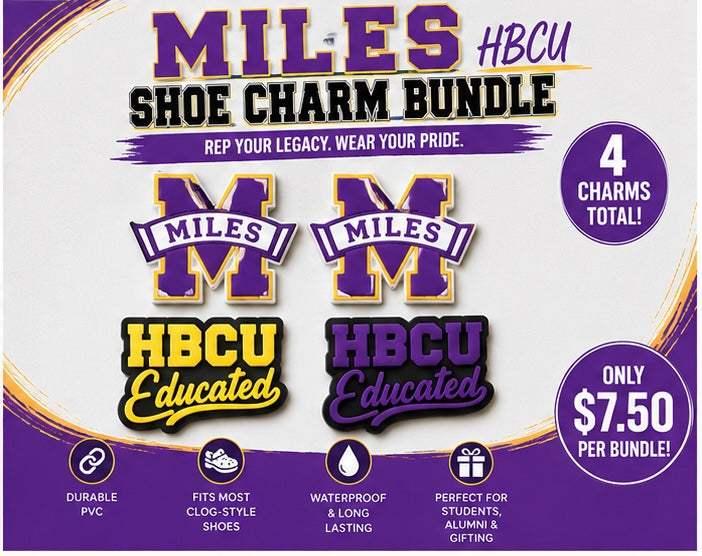 Miles HBCU shoe charm bundle packaging with four charms on a purple background.