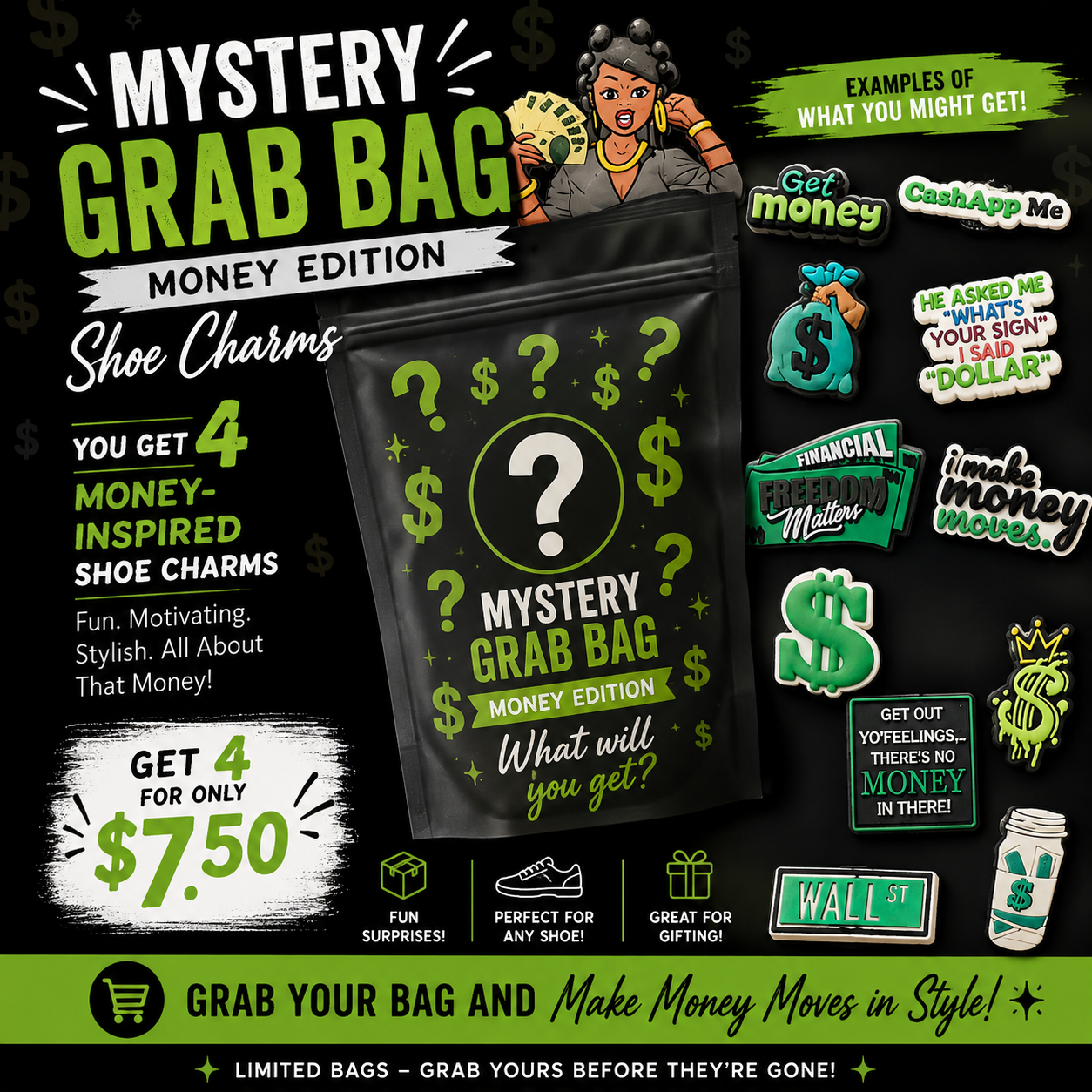 Mystery grab bag for money-themed shoe charms with packaging and examples on a black background.