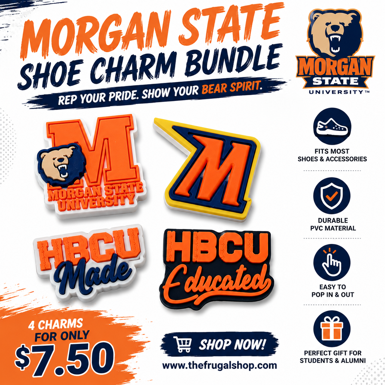 Morgan State Shoe Charm Bundle advertisement with university logo and product details.