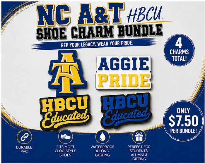 NC A&T HBCU shoe charm bundle packaging with four charms on a white background.