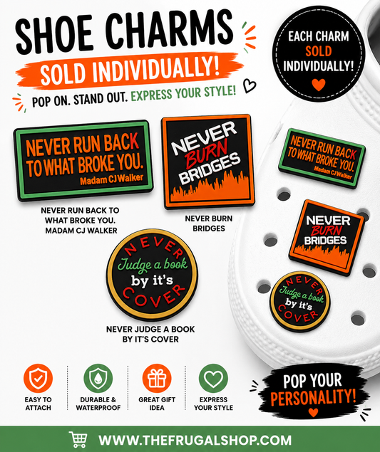 Shoe charms with motivational phrases on a white sneaker background, featuring branding and website information.