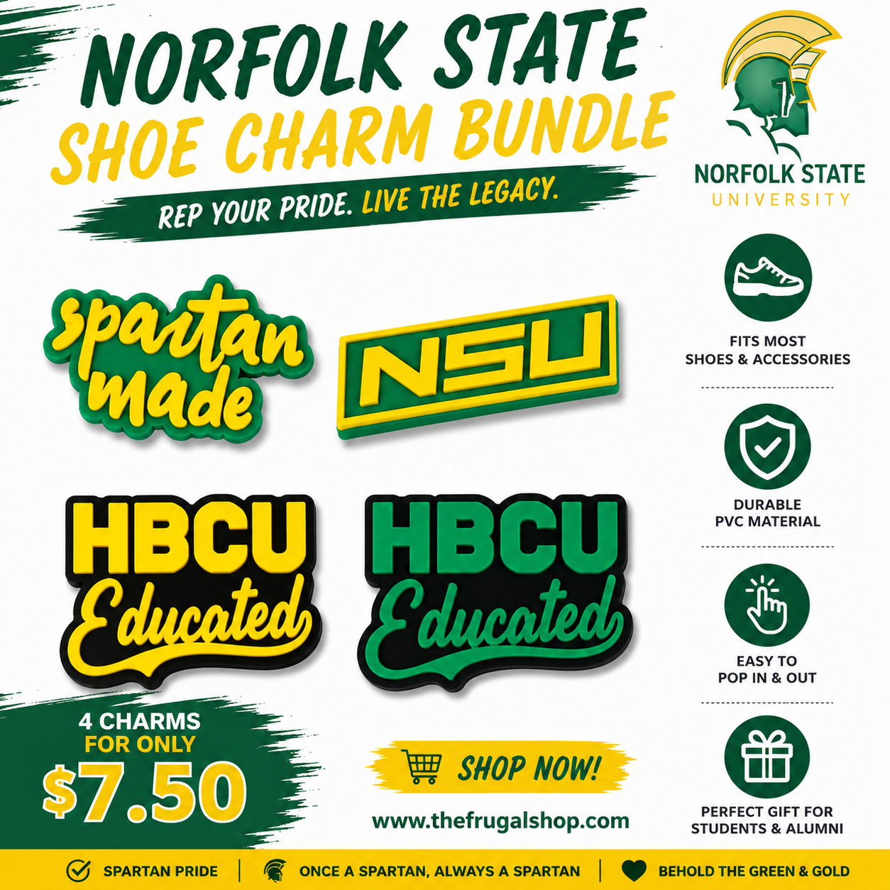 Promotional flyer for Norfolk State Shoe Charm Bundle with university branding and product details.