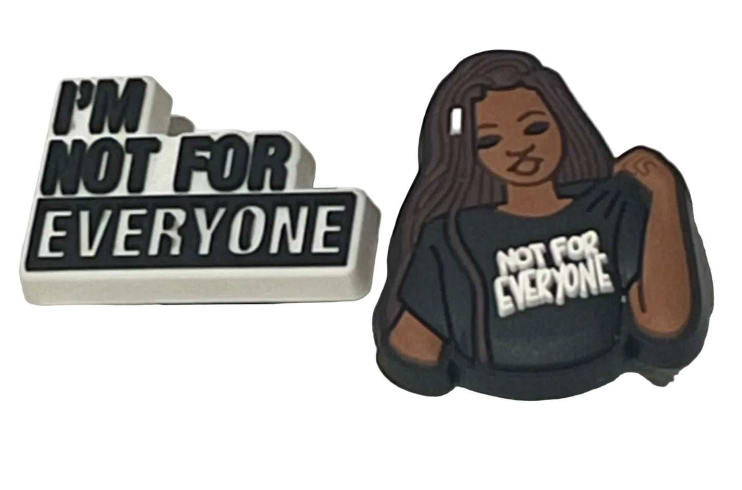 Decorative sign with a stylized figure wearing a shirt with text on a light gray background