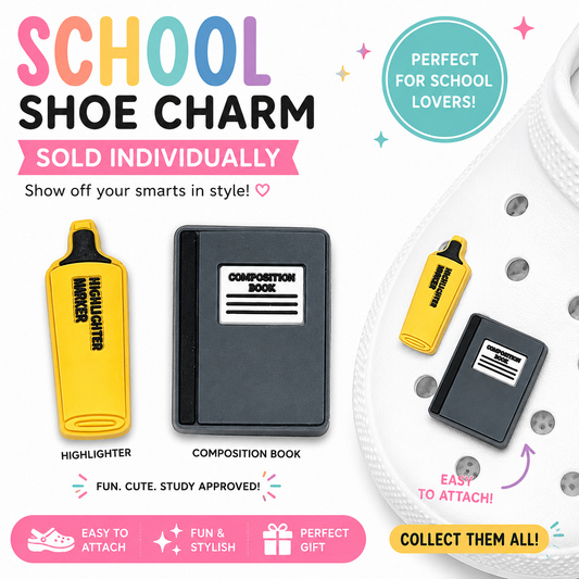 Promotional image of school-themed shoe charms with highlighter and composition book designs.