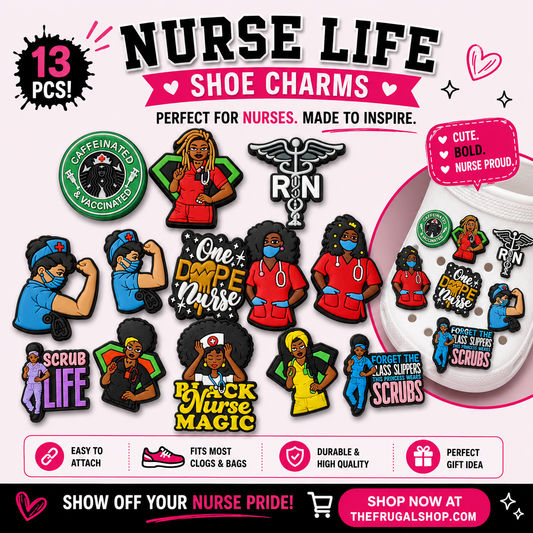 Nurse-themed shoe charms with various designs on a white background, featuring text about the product and brand.