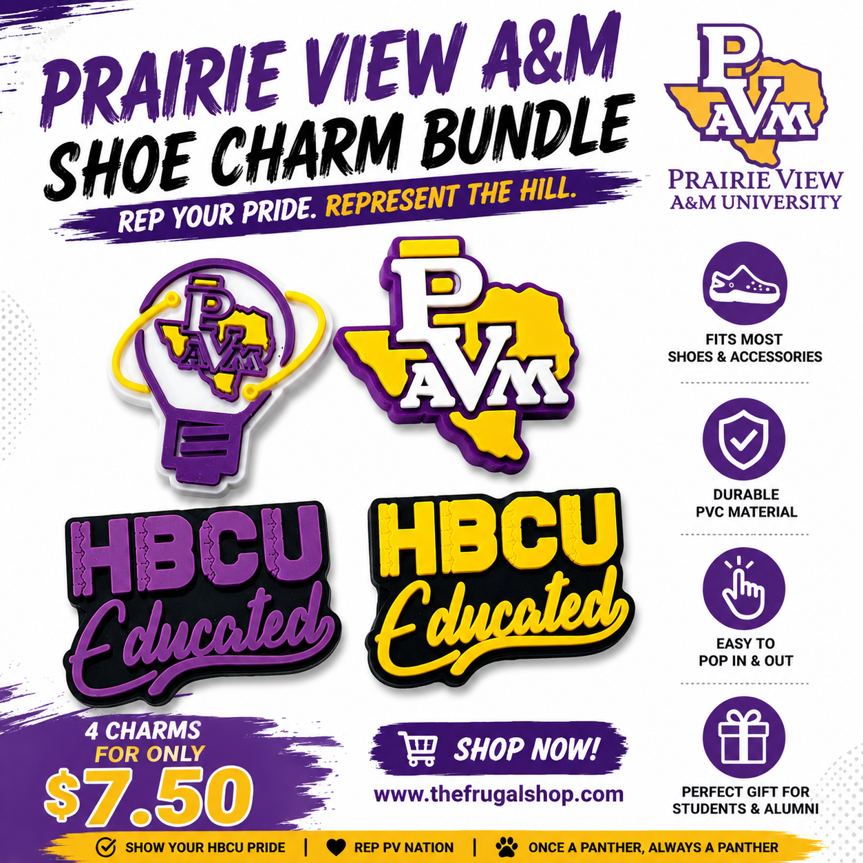 Promotional image of Prairie View A&M shoe charm bundle with logos and text.