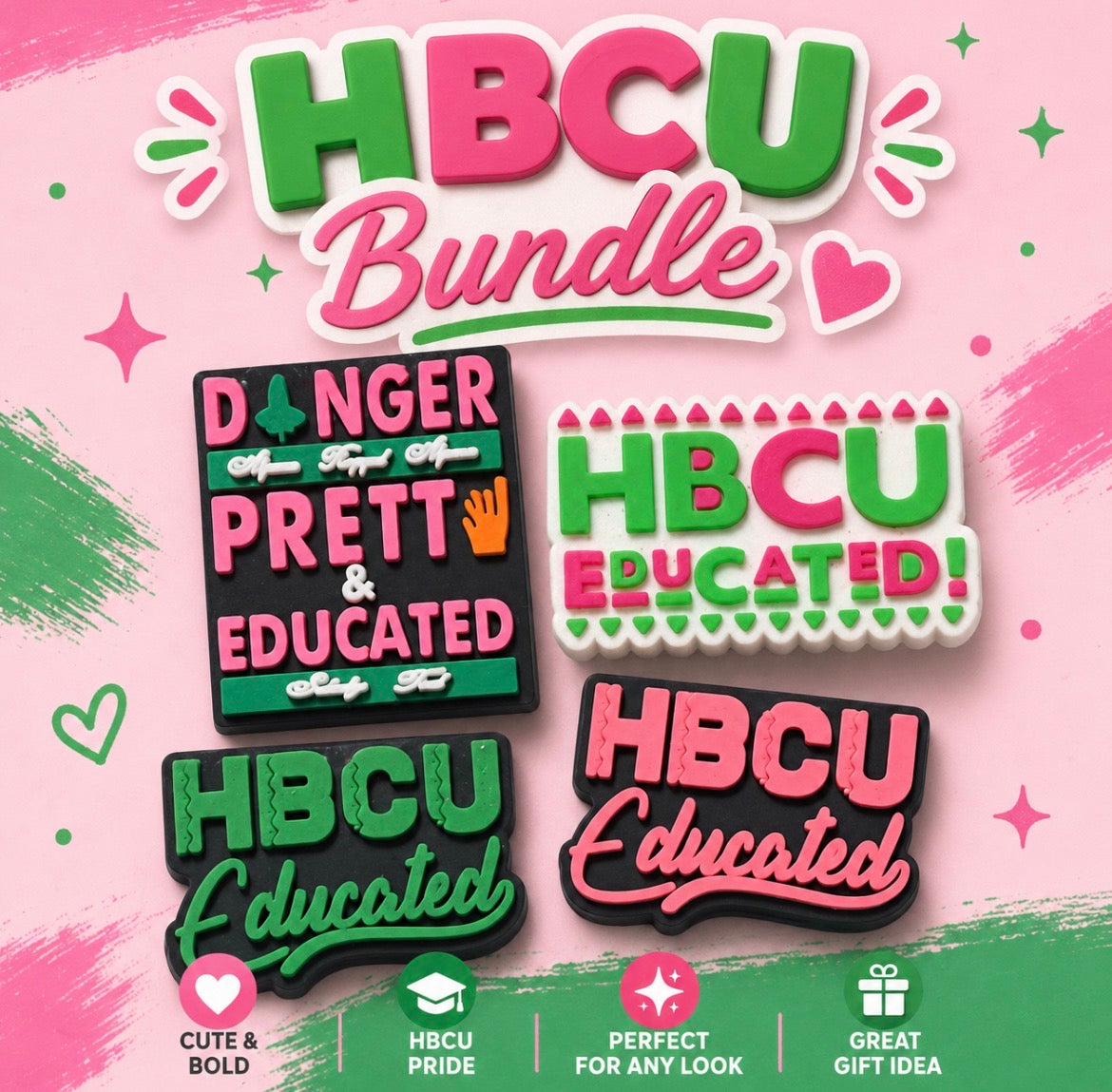 Collection of HBCU-themed pins on a pink and green background with text 'HBCU Bundle'.