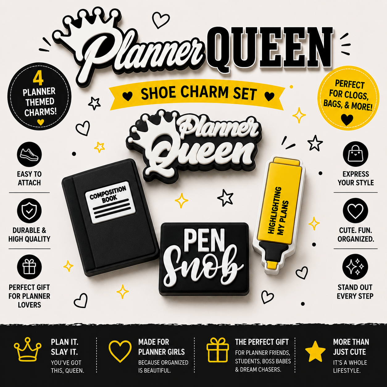 Planner Queen shoe charm set with charms for clogs, bags, and more on a white background.