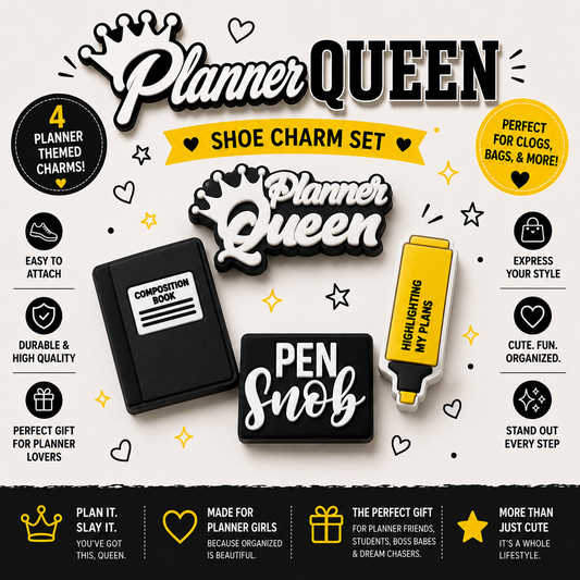 Planner Queen shoe charm set with charms for clogs, bags, and more on a white background.