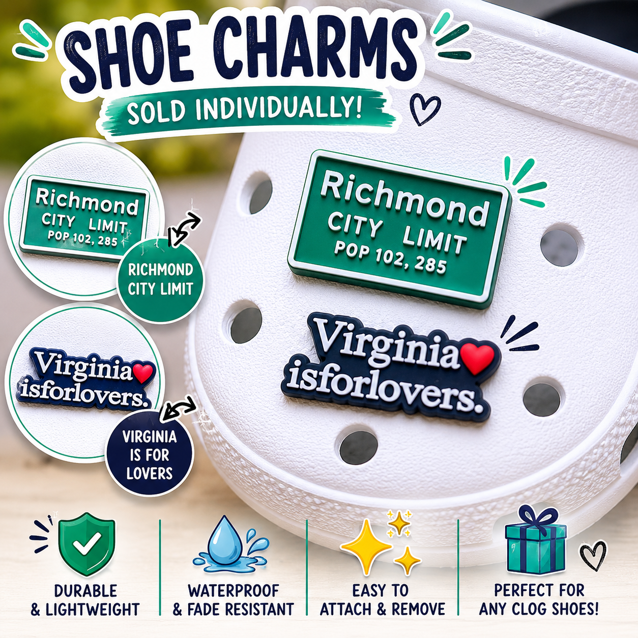Shoe charm with 'Richmond City Limit' and 'Virginia is for lovers' text on a white background