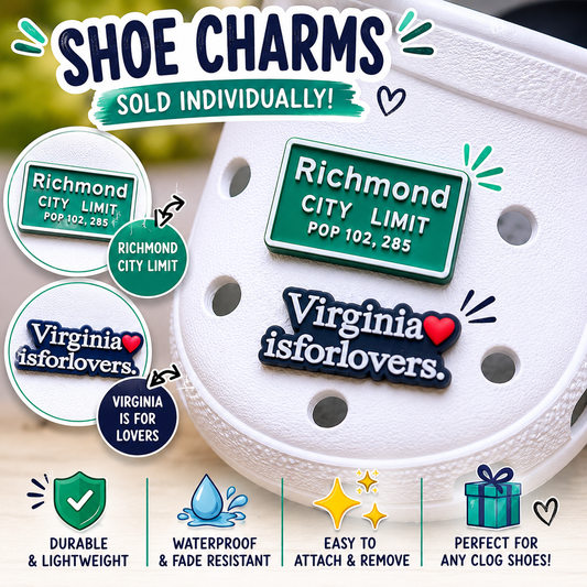Shoe charm with 'Richmond City Limit' and 'Virginia is for lovers' text on a white background