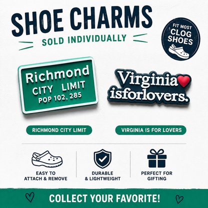 Promotional image of shoe charms with 'Richmond City Limit' and 'Virginia is for lovers' designs.