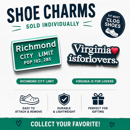 Promotional image of shoe charms with 'Richmond City Limit' and 'Virginia is for lovers' designs.