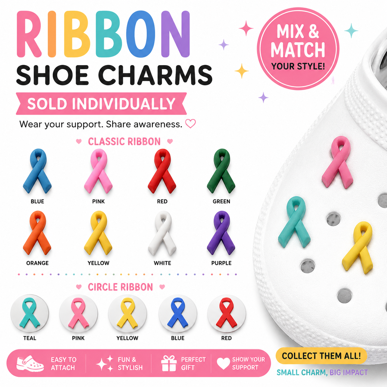 Colorful ribbon shoe charms with a mix and match feature on a white background.