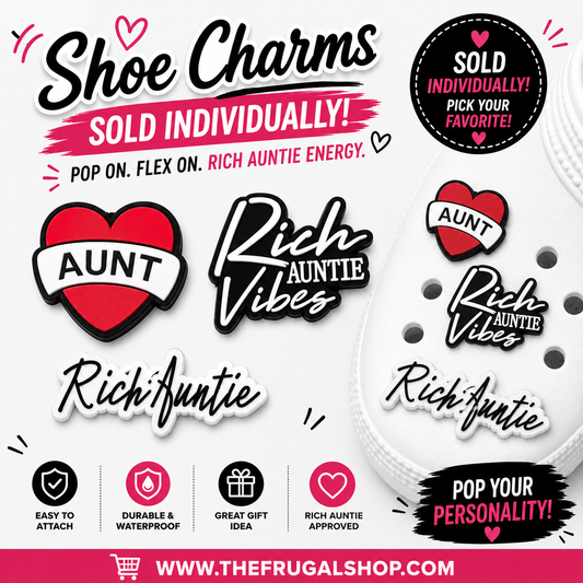 Collection of shoe charms with text and branding on a white background