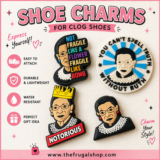Shoe charms with political messages on a pink background