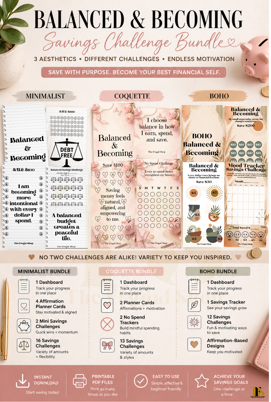 Balanced & Becoming Savings Challenge Bundle with various design options 