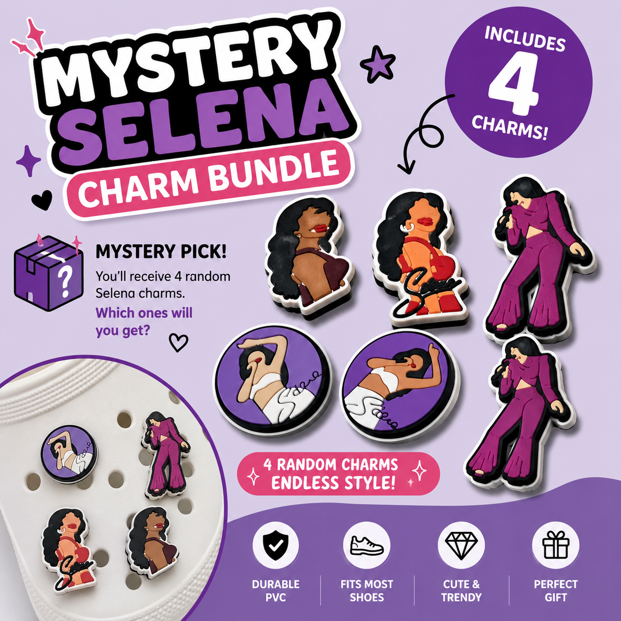 Mystery Selena charm bundle with four random charms on a purple background