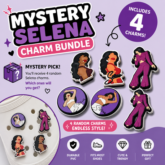 Mystery Selena charm bundle with four random charms on a purple background