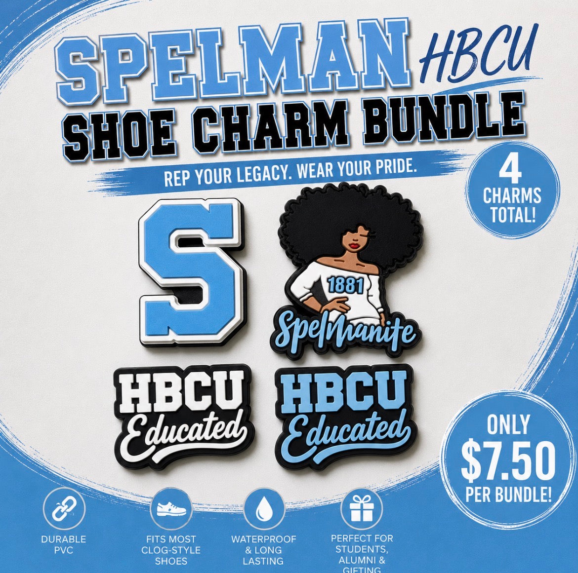 Promotional image of Spelman HBCU shoe charm bundle with text and graphics on a light gray background.