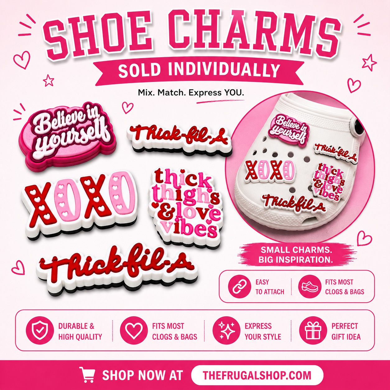 Promotional image of shoe charms with various designs and text, sold individually by The Frugal Shop.