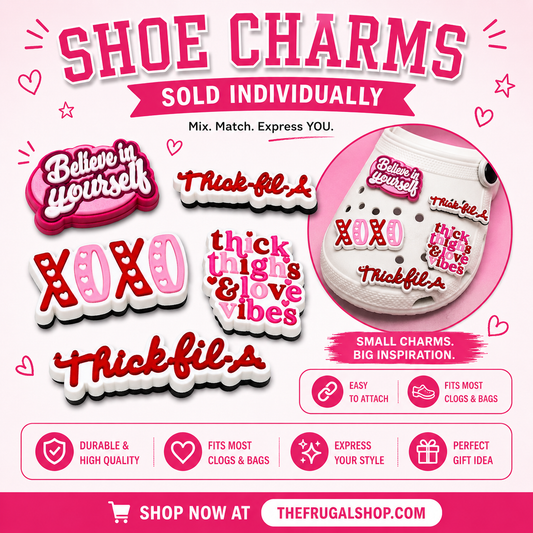 Promotional image of shoe charms with various designs and text, sold individually by The Frugal Shop.