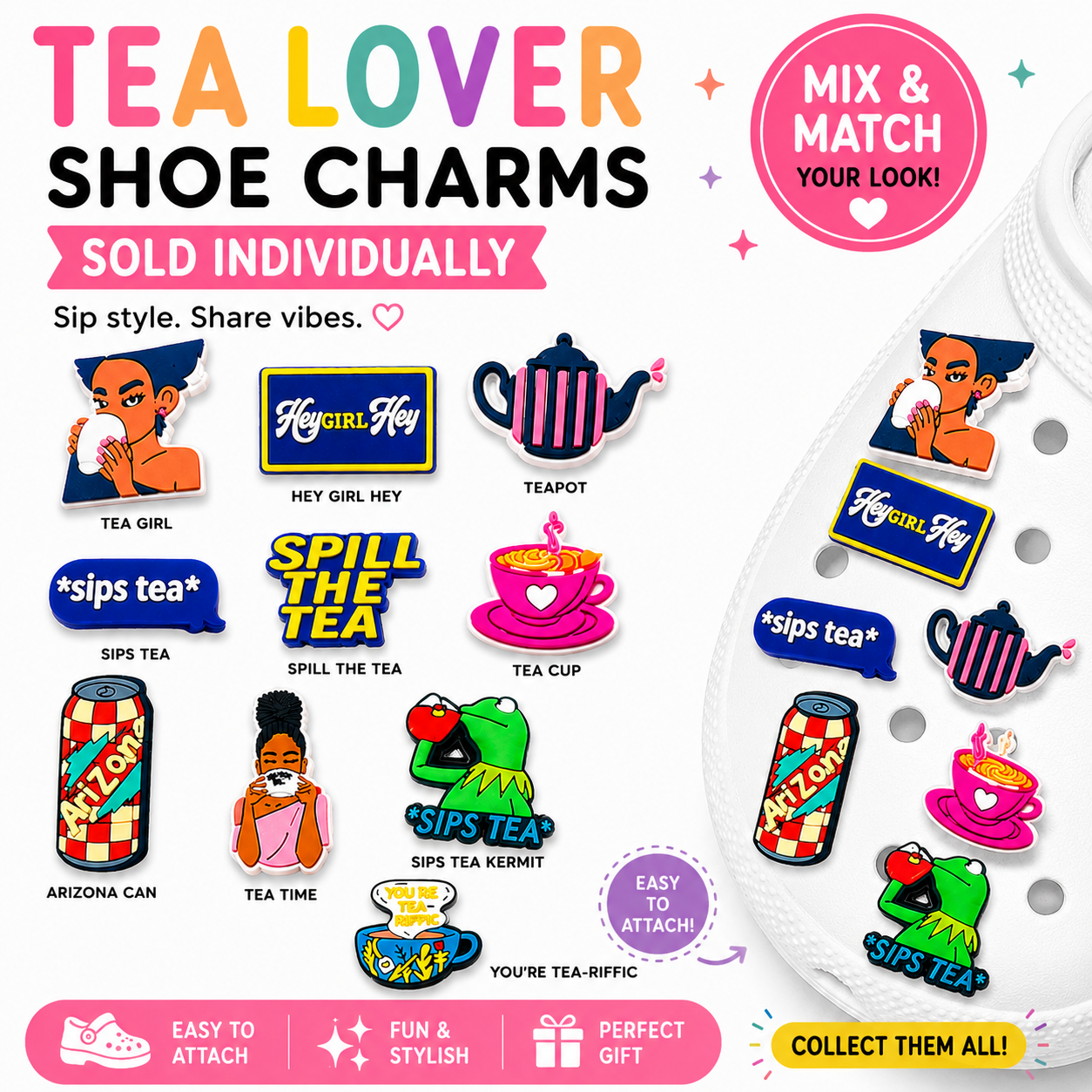 Tea-themed shoe charms with colorful designs on a white background