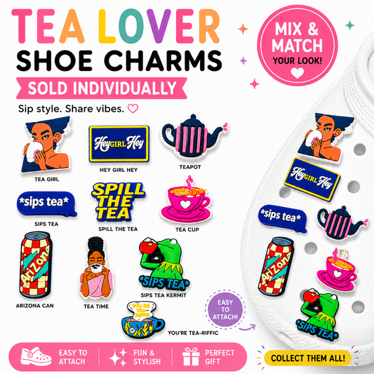 Tea-themed shoe charms with colorful designs on a white background
