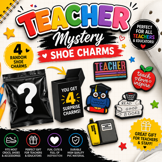 Promotional image of Teacher Mystery Shoe Charms with colorful text and product packaging.