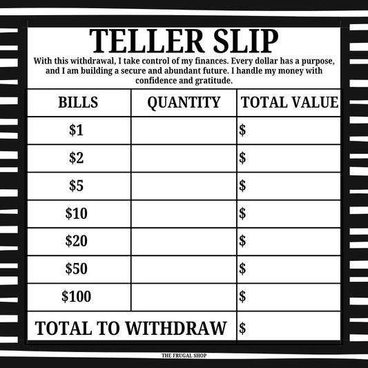 Minimalist Affirmation Teller Slips - Printable Cash Withdrawal Slips for Savings Challenges/Sinking Funds
