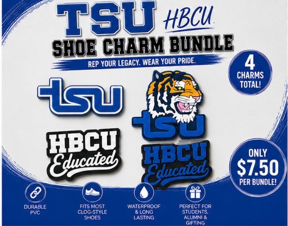 Promotional image of TSU HBCU shoe charm bundle with logos and text on a blue and white background.