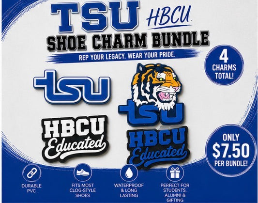 Promotional image of TSU HBCU shoe charm bundle with logos and text on a blue and white background.