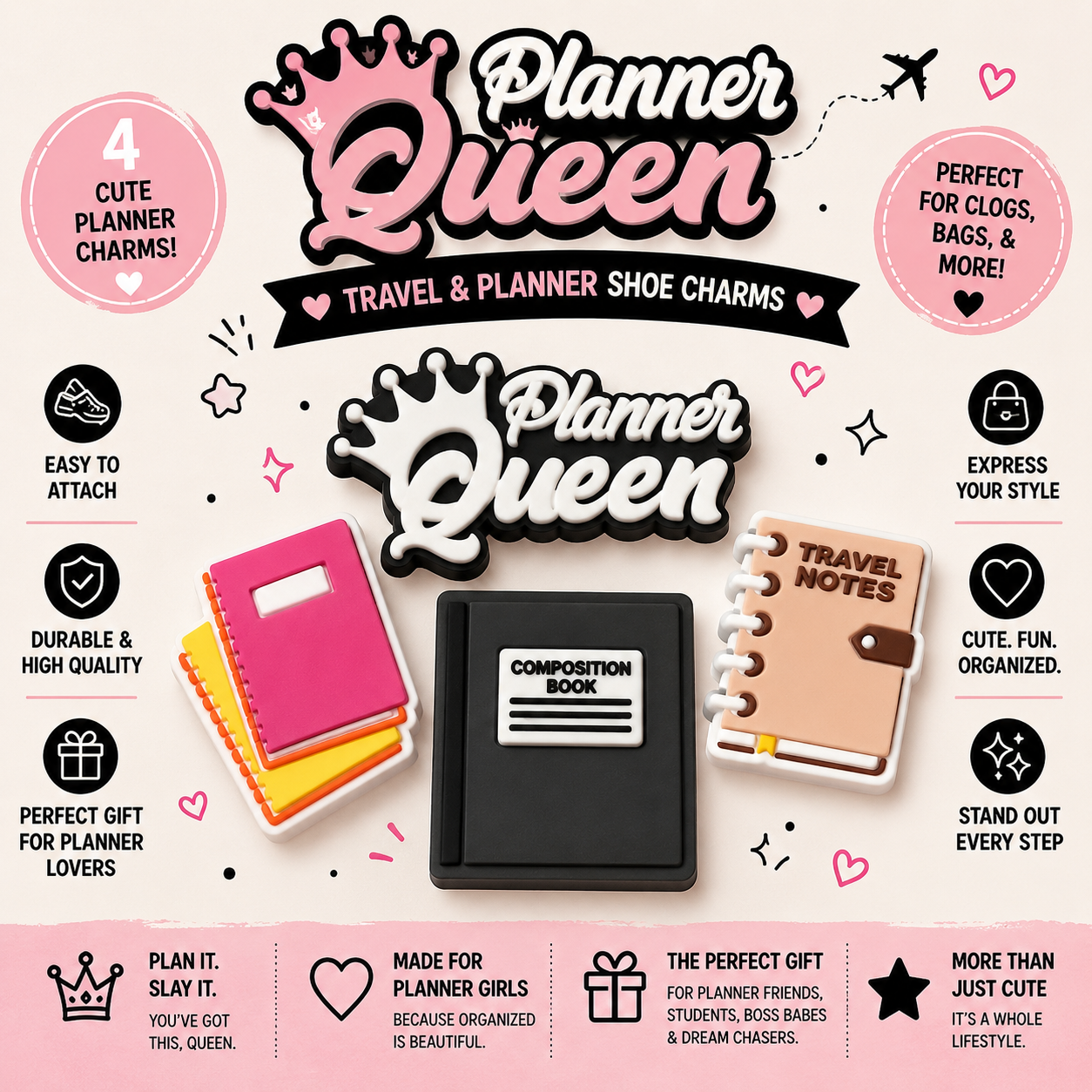 Promotional image of 'Planner Queen' travel and planner shoe charms with product features and branding elements.