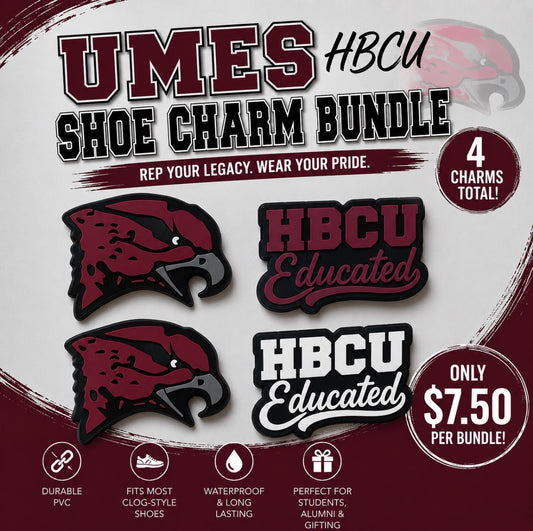 UMES HBCU shoe charm bundle packaging with charms and text on a maroon background