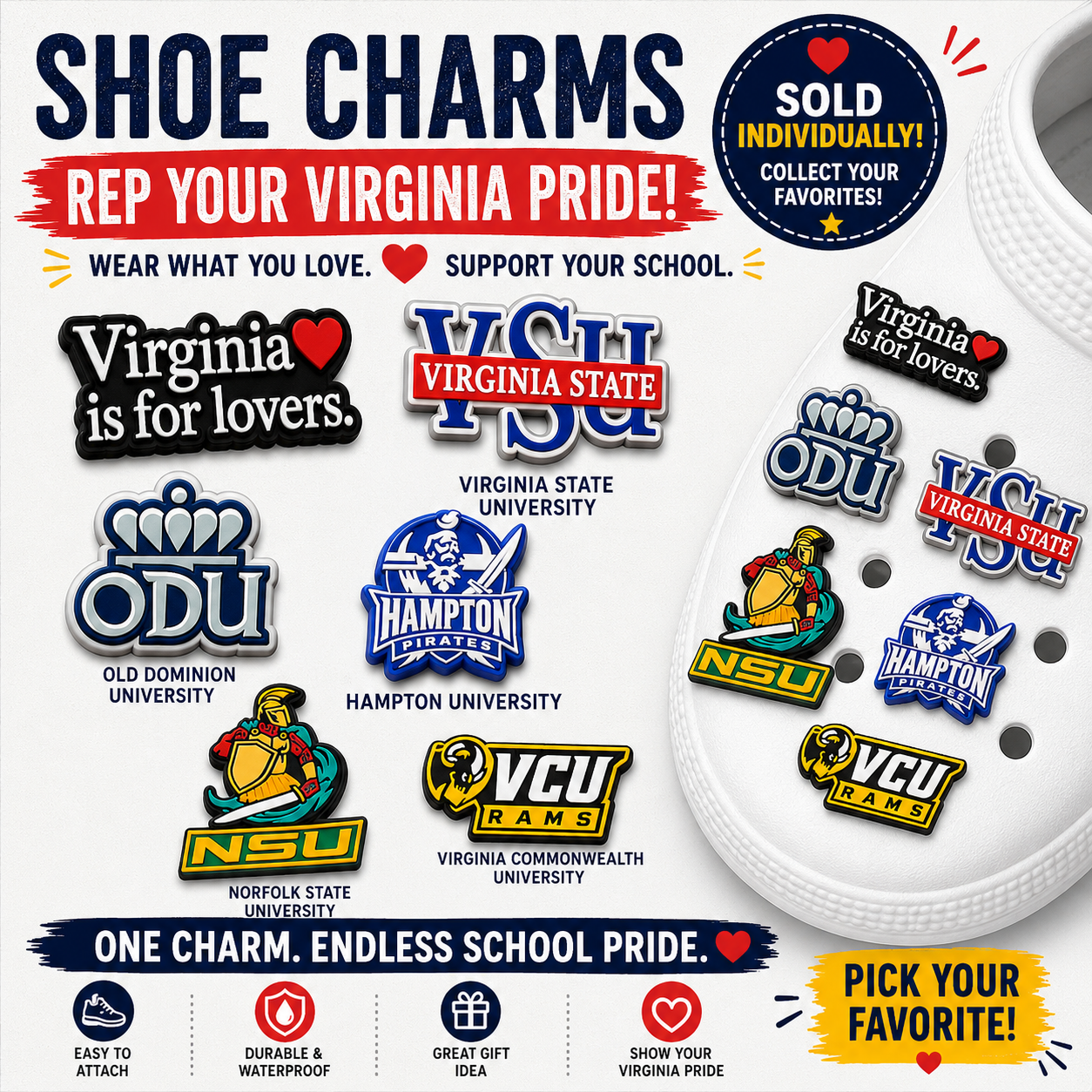 Promotional image of shoe charms with Virginia universities logos and text encouraging pride and support.