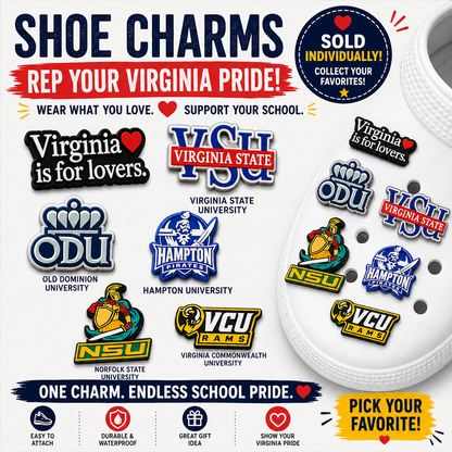 Promotional image of shoe charms with Virginia universities logos and text encouraging pride and support.