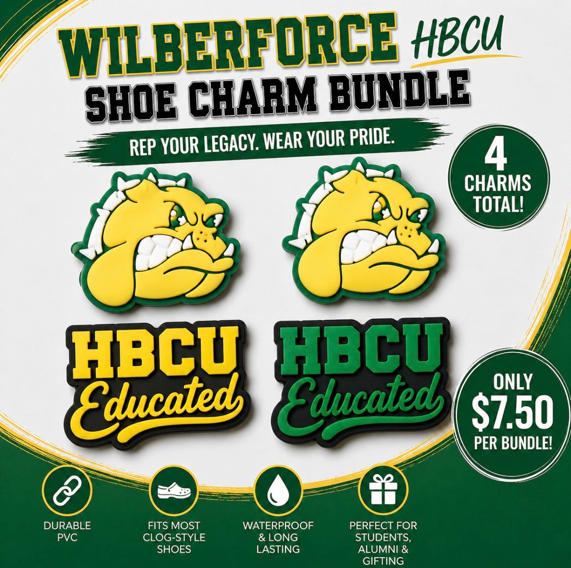 Wilberforce HBCU shoe charm bundle with bulldog logo and educational text on a green and white background.