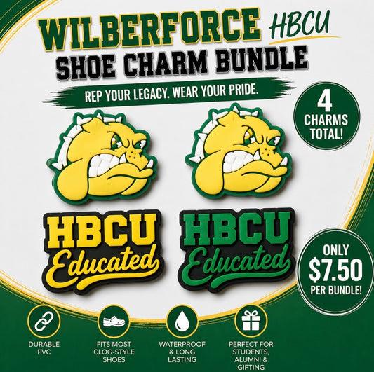 Wilberforce HBCU shoe charm bundle with bulldog logo and educational text on a green and white background.