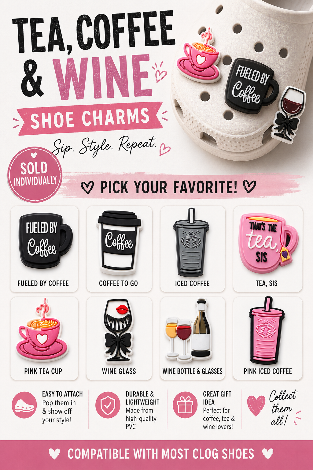 Tea, coffee, and wine shoe charms with a white shoe featuring a coffee charm on a pink background.