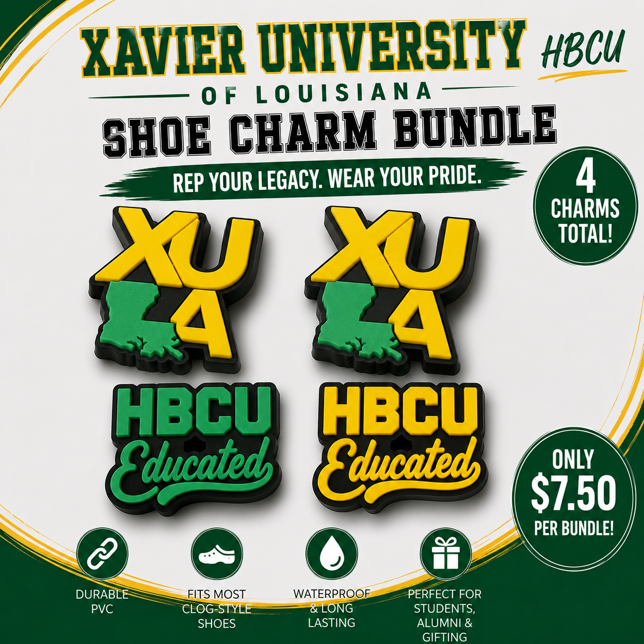 Promotional image of Xavier University of Louisiana shoe charm bundle with text and graphics.