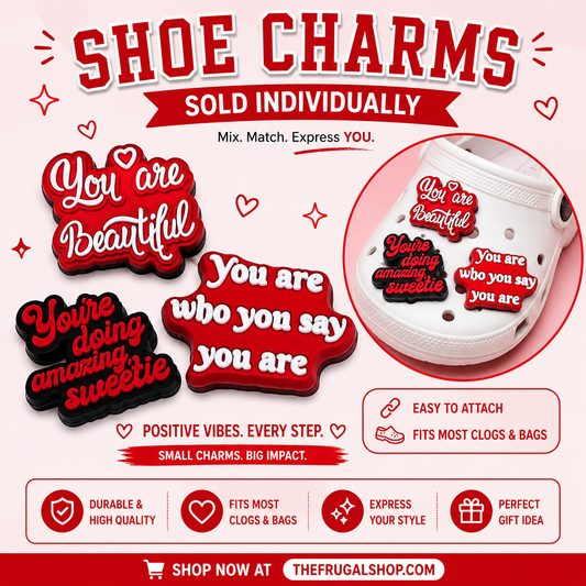Promotional image of shoe charms with motivational messages, sold individually by TheFrugalShop.com.