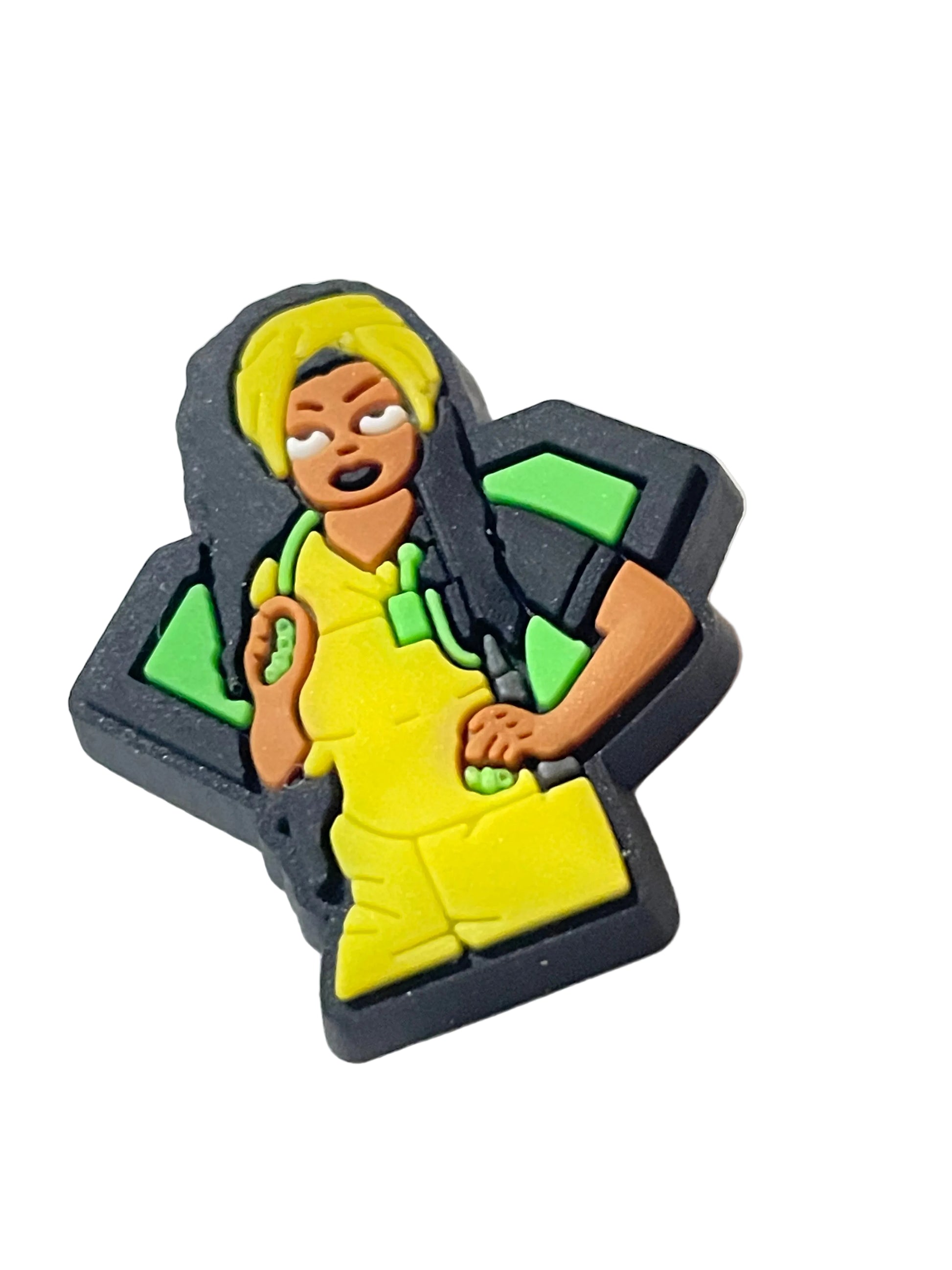Colorful figurine of a person with a weapon on a white background