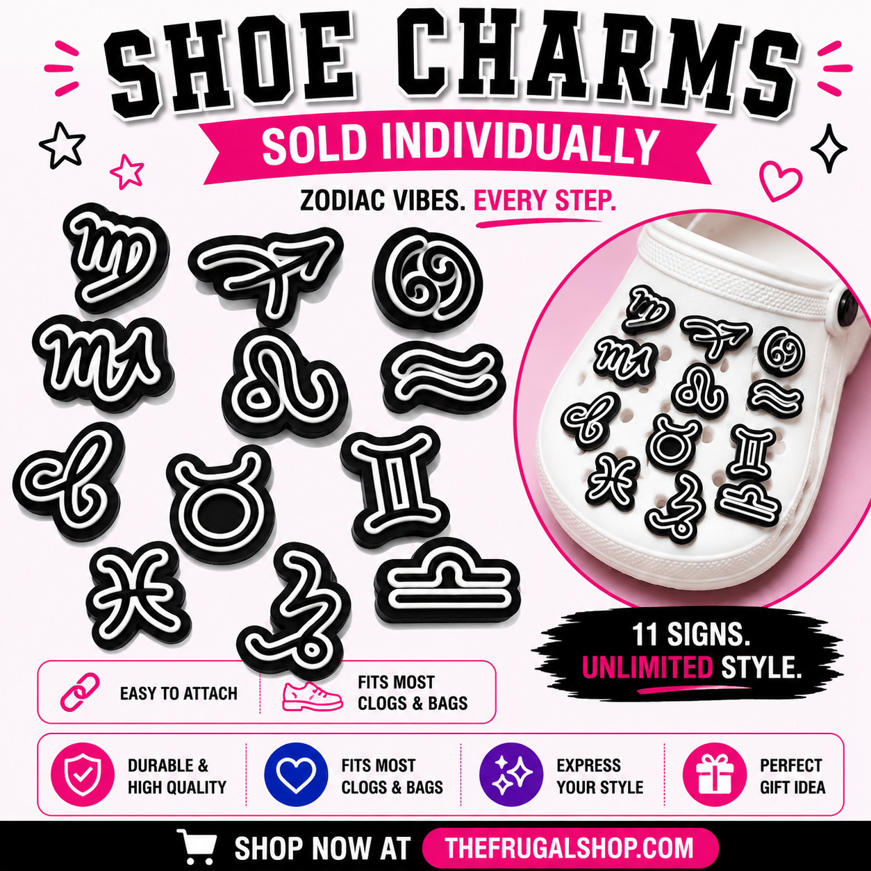 Promotional image of shoe charms with zodiac symbols on a white background, featuring text about availability and style.