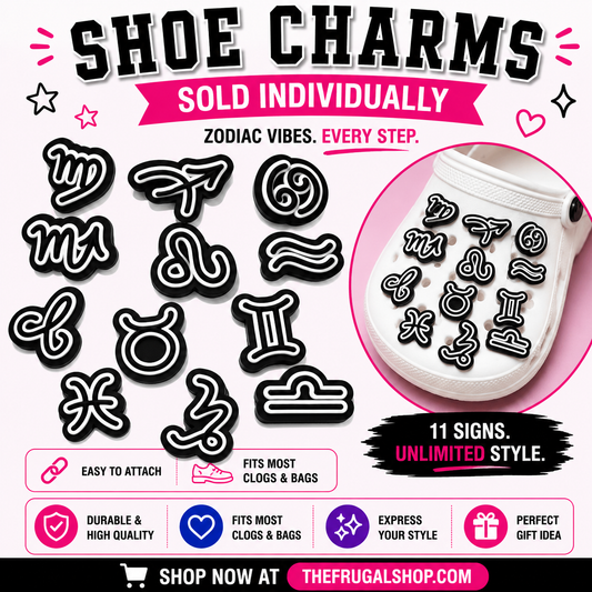 Promotional image of shoe charms with zodiac symbols on a white background, featuring text about availability and style.