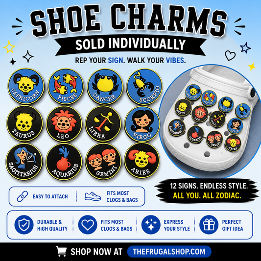 Promotional image of shoe charms with zodiac signs on a white background