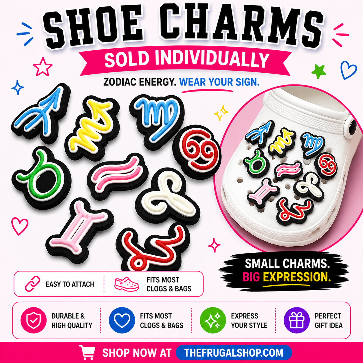 Zodiac shoe charms with a white shoe wearing the charms on a colorful background.